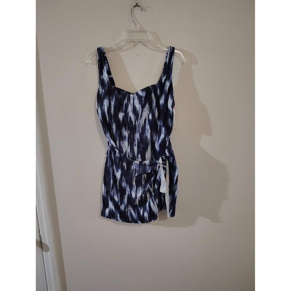 Anne Cole Womens Navy White Ikat Print Swim Dress One Piece Swimsuit XL NWT‎